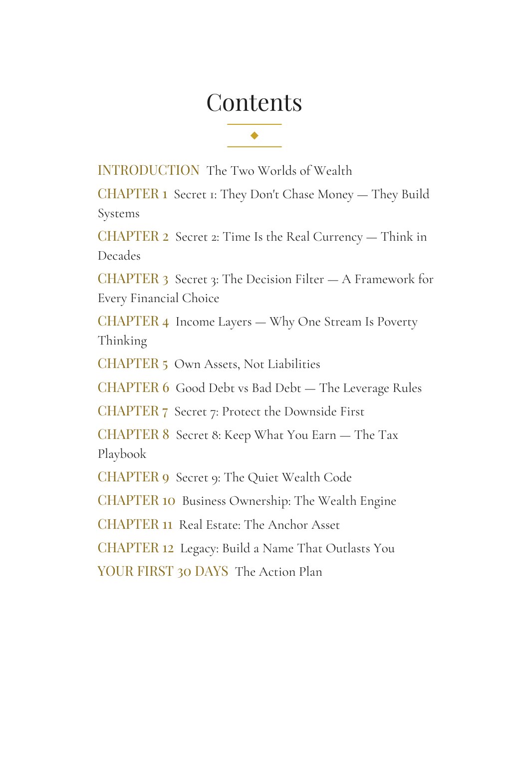 Contents page listing the chapters in Old Money Principles