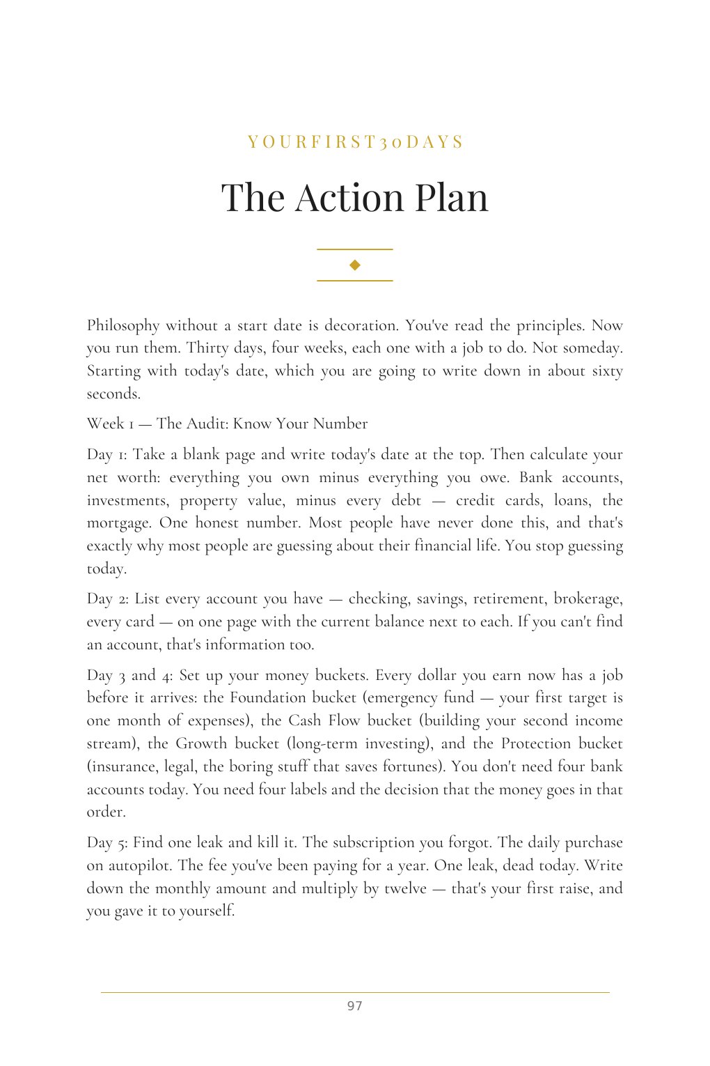 Your First 30 Days action plan from Old Money Principles