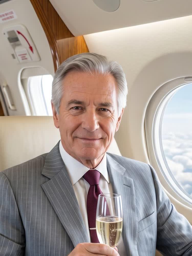 James seated inside a private jet
